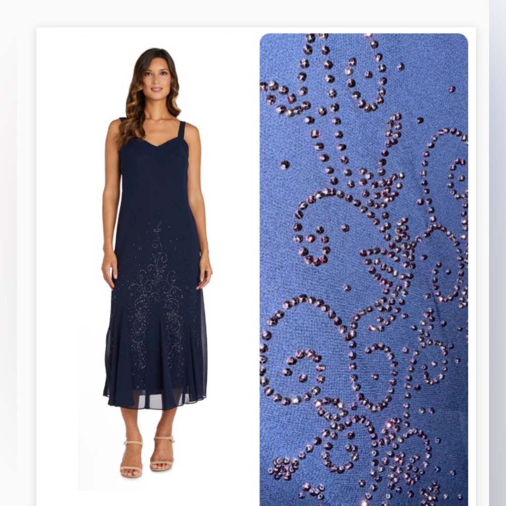 R&M Richards Embellished Midi Evening beaded dress 12 straps navy flared chic